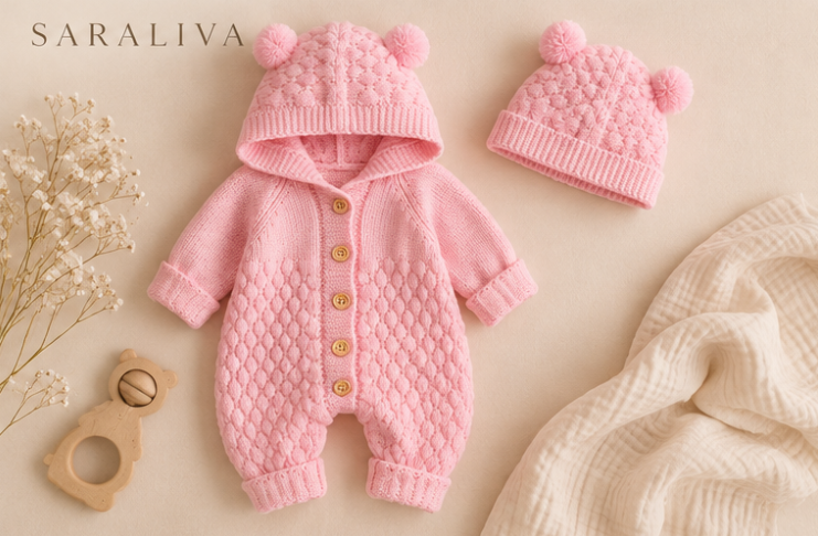 Saraliva Newborn Knit Teddy Romper Set – Soft Blush