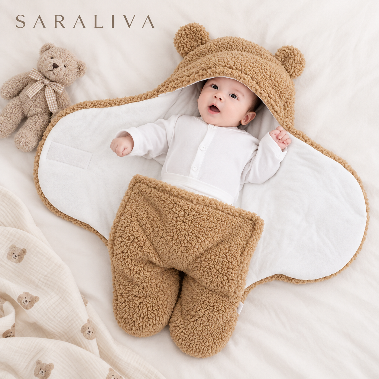 Saraliva Teddy Swaddle – Soft & Adjustable Baby Wrap