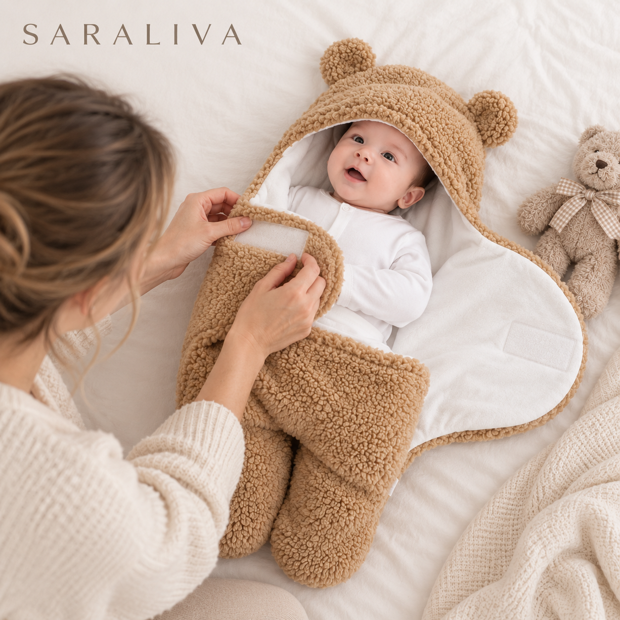 Saraliva Teddy Swaddle – Soft & Adjustable Baby Wrap