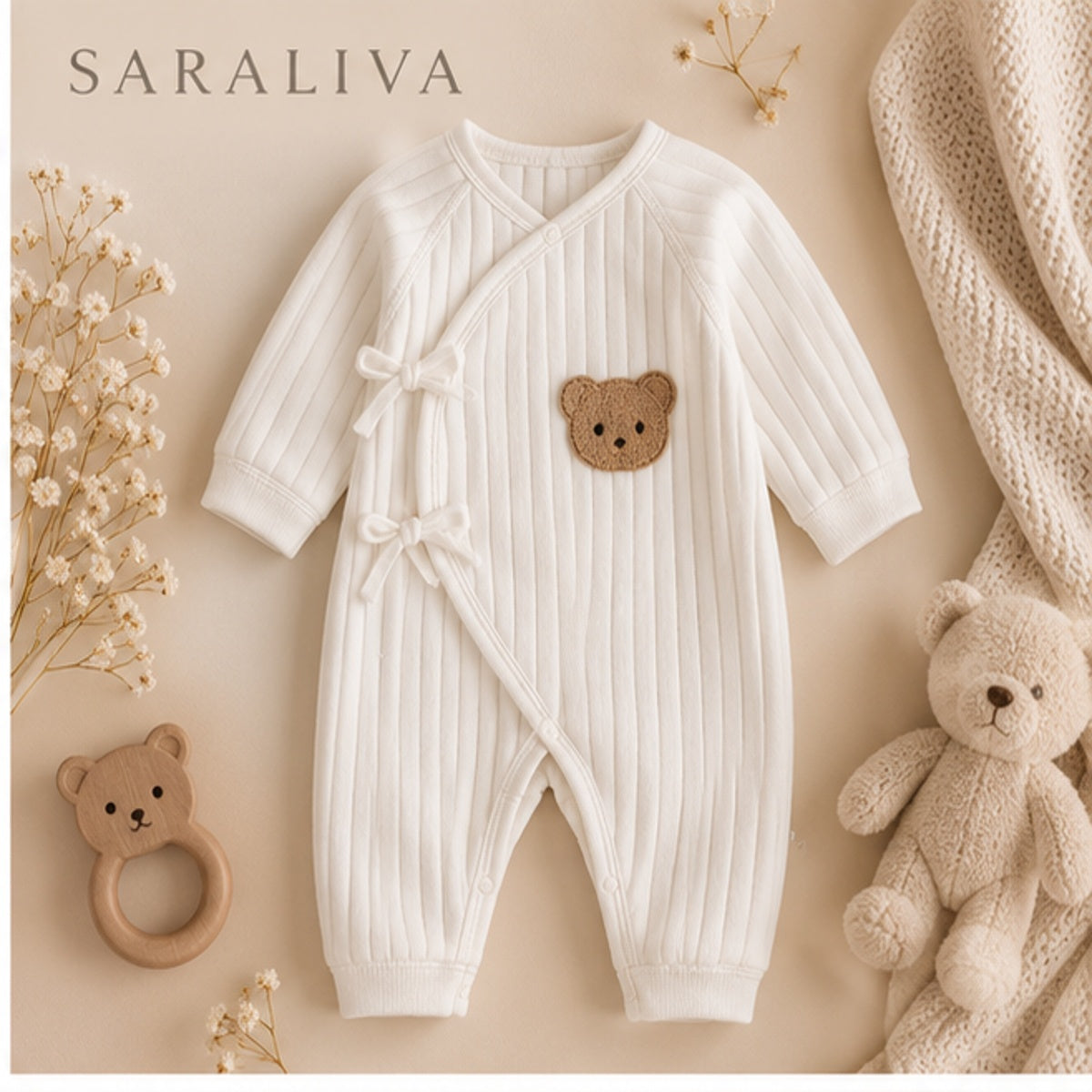 Saraliva Newborn Bear Wrap Romper – Ivory